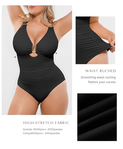 SHAPELLX Tummy Control Swimsuits One Piece V Neck Slimming Bathing Suit for Women Cutout Ruched Shapewear Swimwear