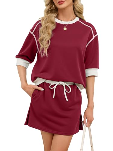 aswulk Womens Sweatsuits 2 Piece Set Crewneck Half Sleeve Sweatshirts Elastic Waist Tops and Skort Skirts Tennis Shorts Sets