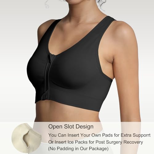 Lemef Front Zipper Sports Bras for Women Wirefree Post Surgery Bra Front Closure Racerback Compression Mastectomy Bras