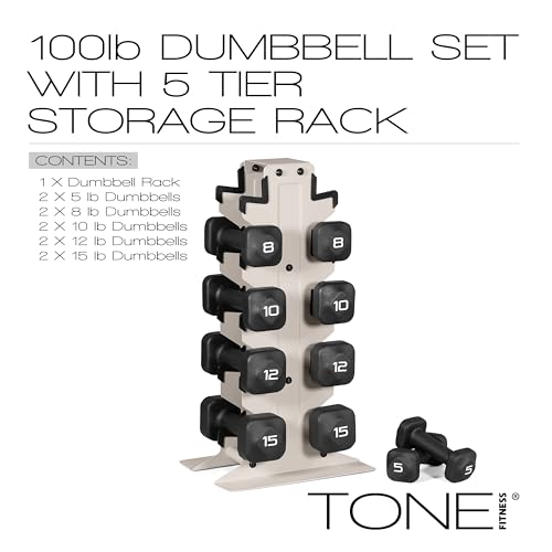 Tone Fitness Neoprene Dumbbell Set with Storage Rack – Non-Slip, Anti-Roll Hand Weights for Home Gym Workouts | 20 lb, 32 ...