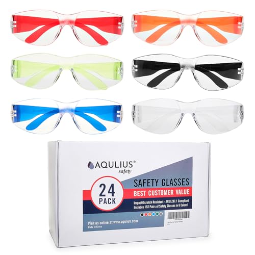 Aqulius 24 Bulk Safety Glasses for Men & Women - ANSI Z78.1 Certified - Scratch/Impact Resistant Crystal Clear Eye Protect...