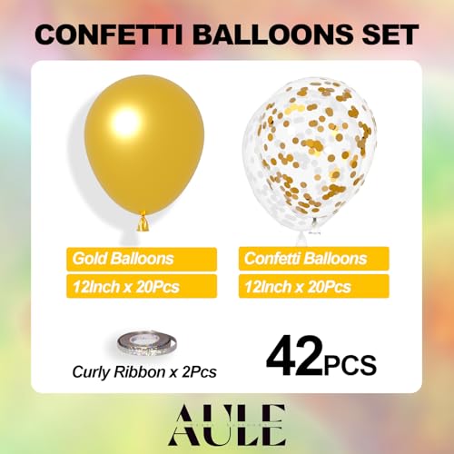 AULE Party Balloons Pack of 42 - Metallic Gold Balloons & Gold Confetti Balloons and 64ft Ribbons - 12 Inch Balloons Decor...
