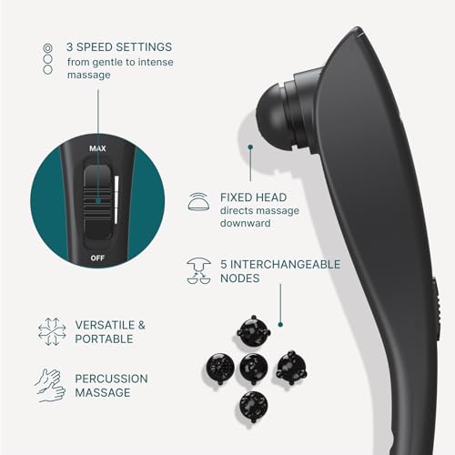 Homedics Deep Tissue Percussion Massager with 3 Speeds, 5 Attachments, and Long Handle for Hard-to-Reach Areas