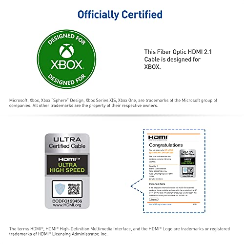 Cable Matters [Designed for Xbox Certified] Unidirectional Active 8K @60Hz Fiber Optic HDMI Cable 16.4 ft / 5m - Supportin...