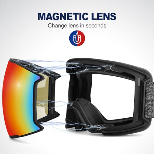 Odoland Magnetic Interchangeable Ski Goggles Set with 2 Lens, Anti-Fog UV Protection Snowboard Snow Goggles for Men Women