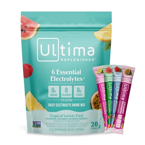 Ultima Replenisher Daily Electrolyte Powder – Tropical Variety Pack, 20 Stickpacks – Zero Sugar Hydration Packets with 6 E...
