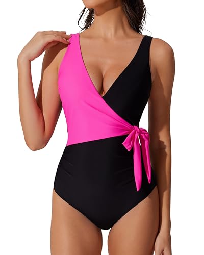 RXRXCOCO Women's Tummy Control One Piece Swimsuits Ruched Wrap V Neck Bathing Suit Slimming Swimwear