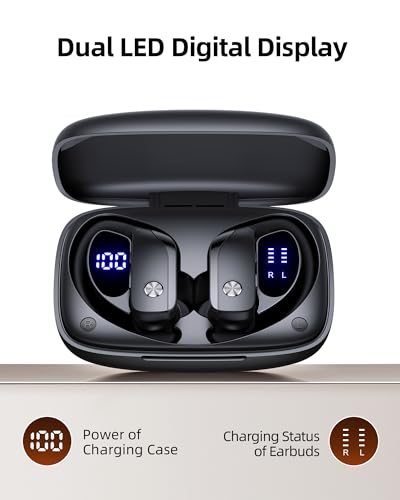 bmanl Wireless Earbuds Bluetooth Headphones Over Ear Hooks Ear Buds with 80H Playtime, LED Power Display, Dual Mic Clear C...
