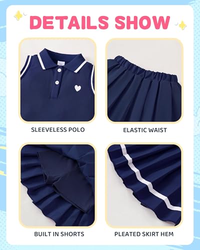 Kucnuzki Little Girls Clothes Toddler Outfit Polo Sleeveless Shirt Spring Tank Tops Pleated Skirt 2 Piece Set Clothing