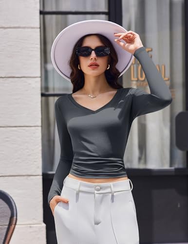 Ekouaer Womens 3 Pack Long Sleeve Shirts V Neck Ribbed Slim Fit Basic Tops Thermal Undershirts Casual Tee XS-XXL