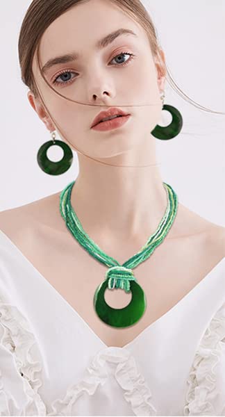 Coiris Multi Strand Statement Colorful Beaded Necklace Earrings Set with Big Circle Shell Pendant for Women (N0055-Dark Green)