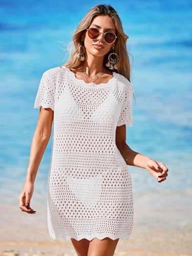 BreathSunny Womens Crochet Knit Swimsuit Coverup Beach Dress Summer 2026 Boat Neck Cap Sleeve Wave Trim Bathing Suit Cover Up