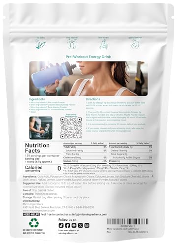 Micro Ingredients Electrolyte Powder, 2 lbs (139 Servings) | Lemon Raspberry Flavor | High Potassium (1,000mg) + Coconut W...
