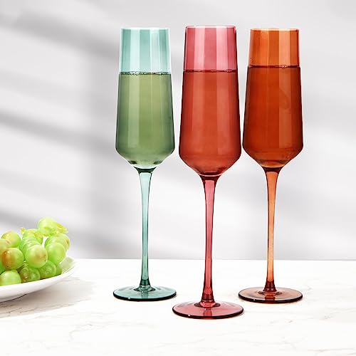 Colored Champagne Flutes Set of 6, Large 8 Oz Hand Blown Crystal Glasses, Lead-Free Colorful Glasses, Italian Style Tall S...