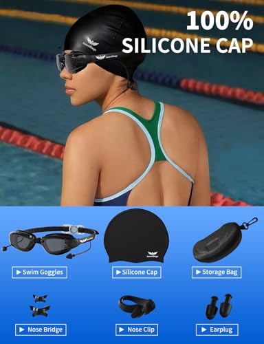 AzureWings 7 in 1 Swim Goggles + Swim Cap for Men Women,No Leak Anti-Fog & UV, Wide Visio HD Mirror PC Lens