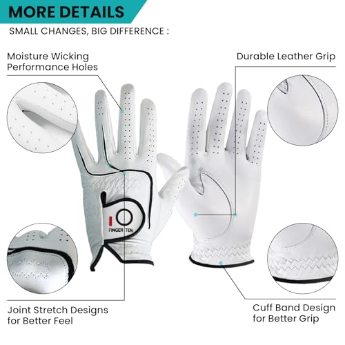 FINGER TEN Mens All Premium Soft Cabretta Leather Tour Fit Grip Left Hand Lh Right Hand Rh with Cadet Size Golf Gloves Val...
