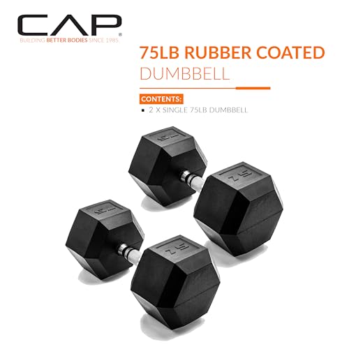 CAP Barbell 75 LB Rubber Coated Hex Dumbbell Hand Weight - Pair | Chrome Handle