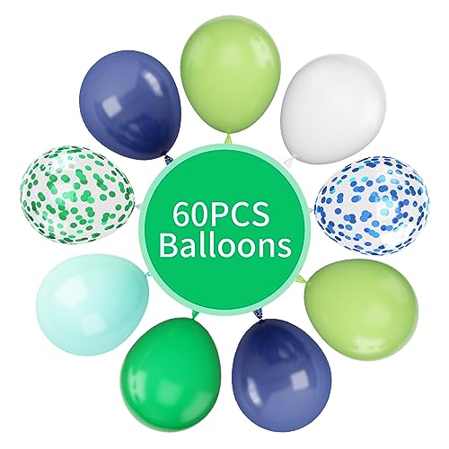 60Pcs Blue and Green Balloons, 12 Inch Navy Blue Fruit Green Confetti Balloons Teal Blue White Latex Balloon for Kids Birt...