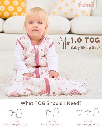 FIEMOL Rayon Made from Bamboo Baby Sleep Sack 6-12 Months, 1.0 Tog Baby Wearable Blanket, Soft Sleeping Bag for Newborn In...