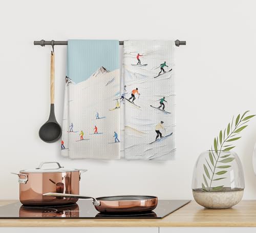 NOQL Winter Skiing Skier Kitchen Towels and Dishcloths Set of 2, Ski Skiing Gifts for Skiers, Ski Christmas Ornaments Deco...