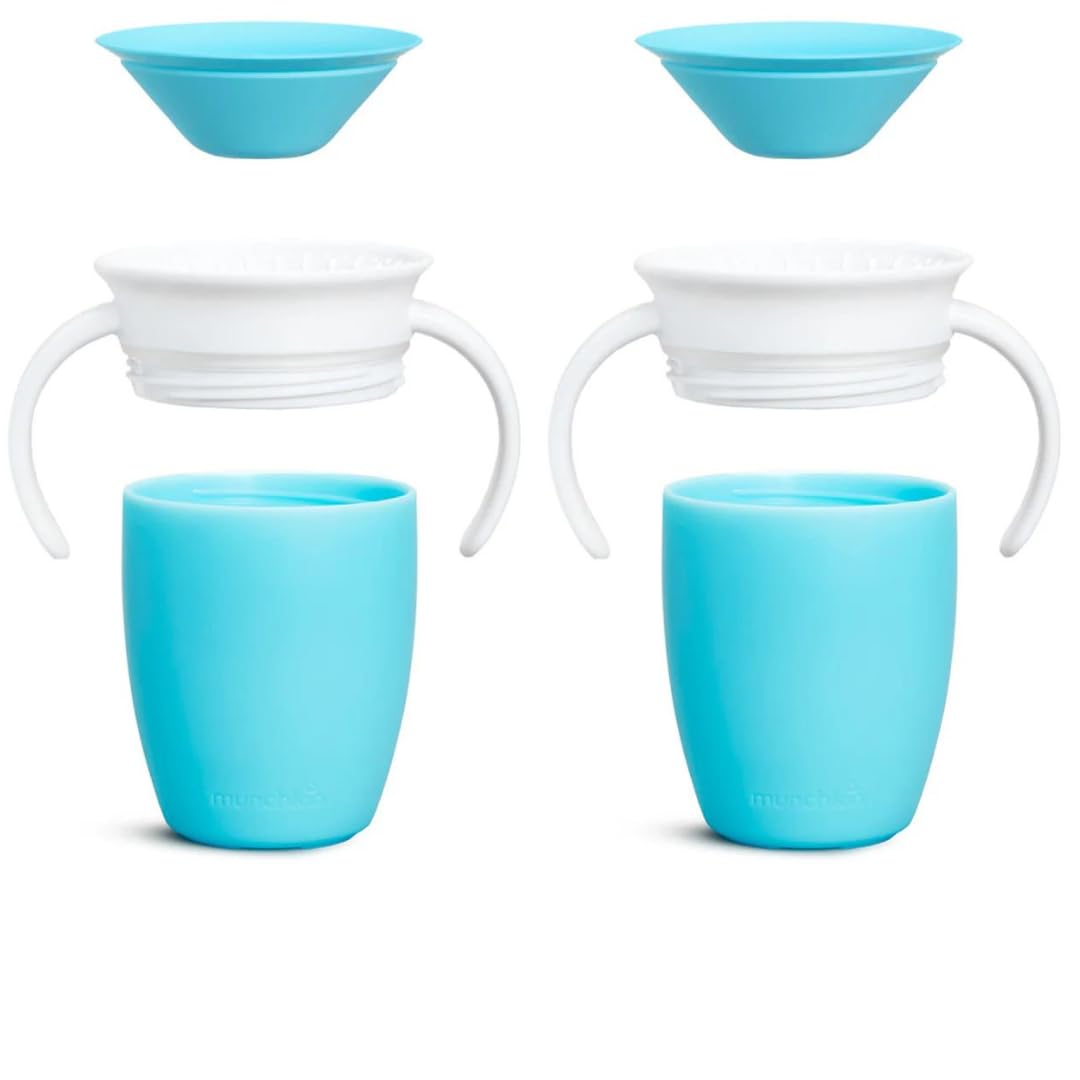 Munchkin Miracle 360 Cups for Toddlers sippy cups, toddler cups spill proof with Dentist Recommended Spoutless Design, BPA-Free Kids Cup, Easy to Clean, 7oz, 6 Months (Sky 2 Count)