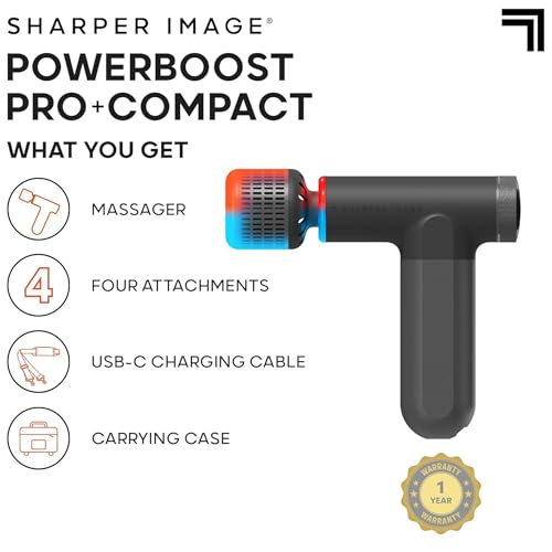 Sharper Image® Powerboost® Pro+ Hot & Cold Compact Deep Tissue Massage Gun - 6 Speed, 4 Attachments, Travel Case| Soothing...
