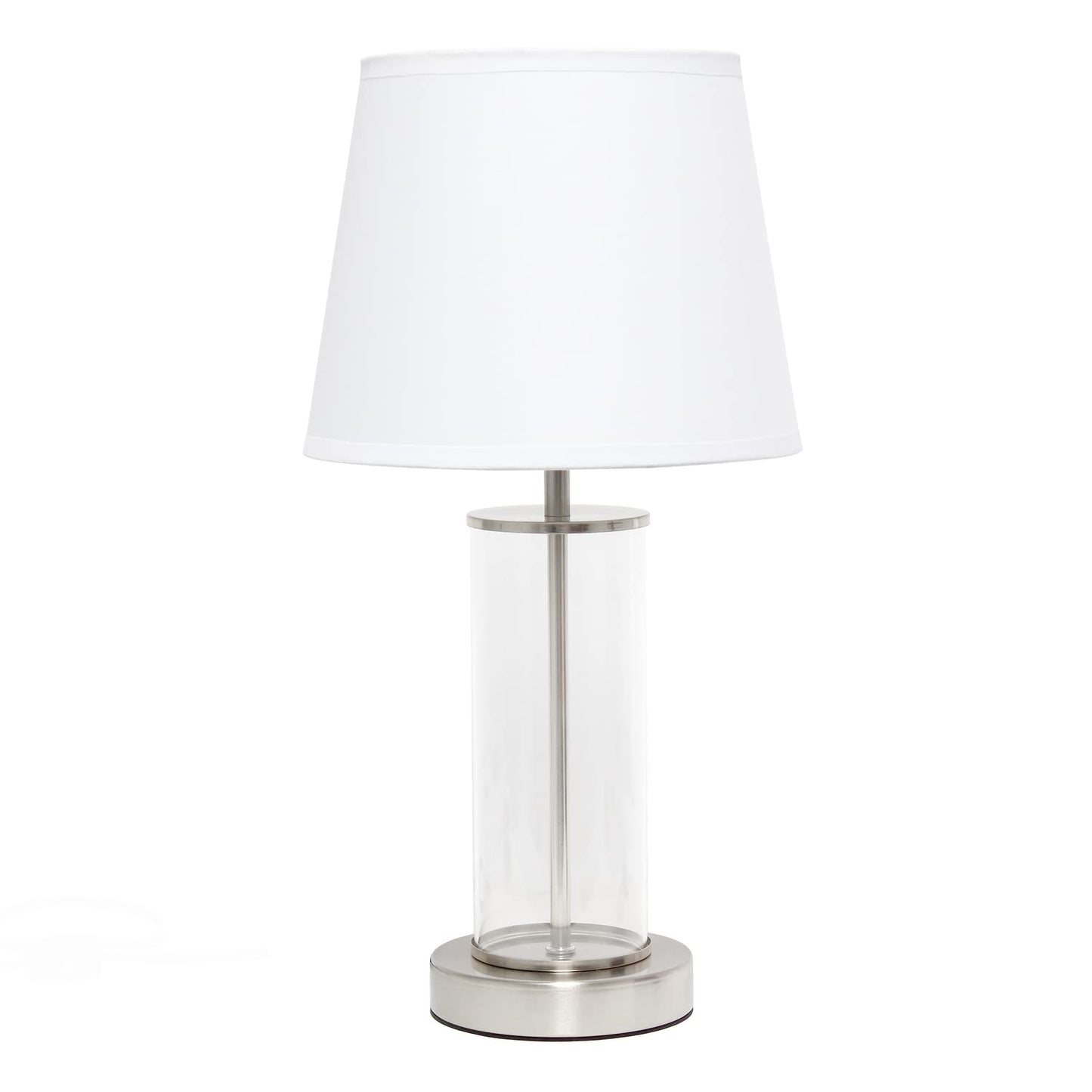 Simple Designs LT2081-BSW Small Bedside Table Lamp, Brushed Nickel, Glass, 8.66inL x 8.66inW x 16.93inH, White Shade