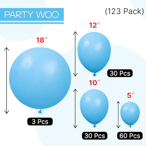 PartyWoo Light Blue Balloons 123pcs Different Sizes Pack of 18 12 10 5 Inch Baby Pastel Blue Balloon Arch Kit for Baby Sho...