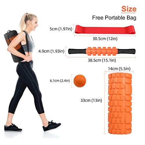 5 in 1 Foam Roller Set: Trigger Point Roller, Yoga Stick, Massage Ball, Fitness Stretching Strap, Carrying Bag, Towel for ...