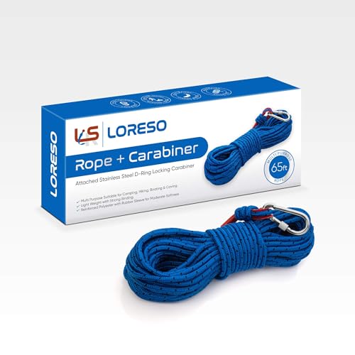 Loreso Strong Magnet Fishing Rope Carabiner, Camping Rope - Heavy Duty 1200 lb Strength All Purpose Ropes, 1/3 Inch Reinfo...