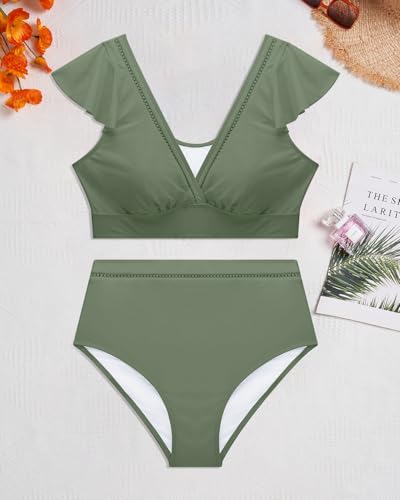 Daci Plus Size Two Piece Bikini Swimsuits - High Waisted Tummy Control Women Bathing Suits with Ruffle Sleeve Swimwear
