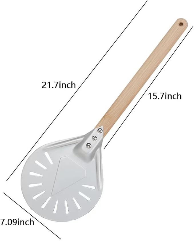 BetterJonny Round Perforated Pizza Peel with Detachable Wood Handle, Aluminum Turning Peel Pizza Paddle Metal Non-slip Perforated Pizza Paddle for Baking（7inch）