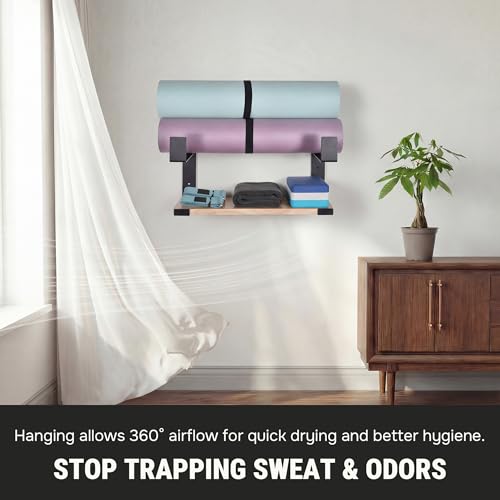 RoakyRoasy Yoga Mat Holder with Protective Padding Wall Mount Steel Storage Rack, 2 Tier Adjustable Width Hanger for up to...