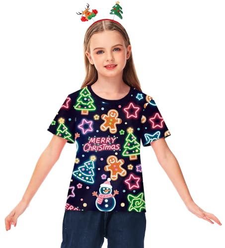 Remimi Kids Christmas Shirts Cute Print Short Sleeve Holiday Funny Xams Tops 5-14 Years