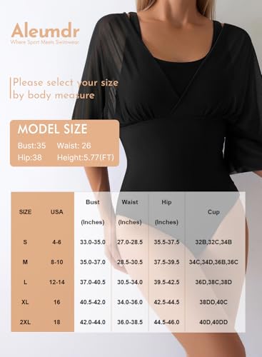 Aleumdr Women's One Piece Swimsuit Modest Tummy Control Bathing Suit V Neck Mesh Sleeve Slimming Swimwear Beachwear
