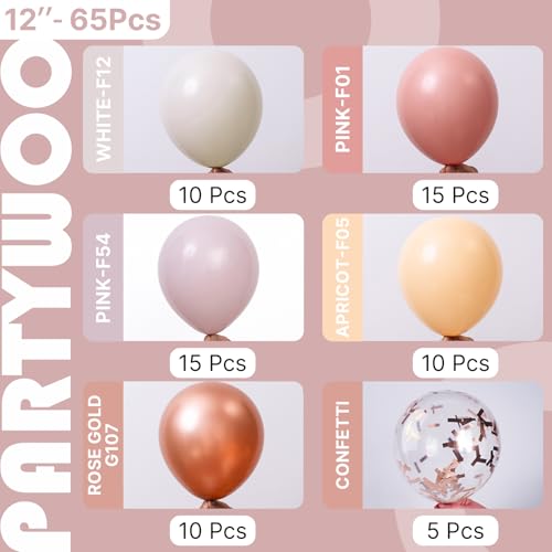 PartyWoo Dusty Pink Balloons 65pcs 12 Inch Blush Rose Pink Metallic Rose Gold Nude Boho White Sand Confetti Balloons for B...