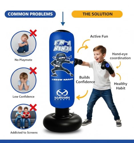 Marwan Sports 5-in-1 Inflatable Punching Bag for Kids – 63" Karate Toy Set with Boxing Gloves, Durable Fast Rebound, Activ...