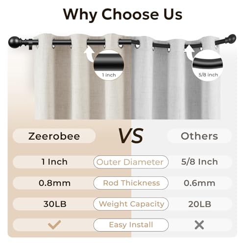 Zeerobee Curtain Rods for Windows 48 to 84, 1 Inch Adjustable Heavy Duty Black Curtain Rod, Outdoor Indoor Room Divider Mo...
