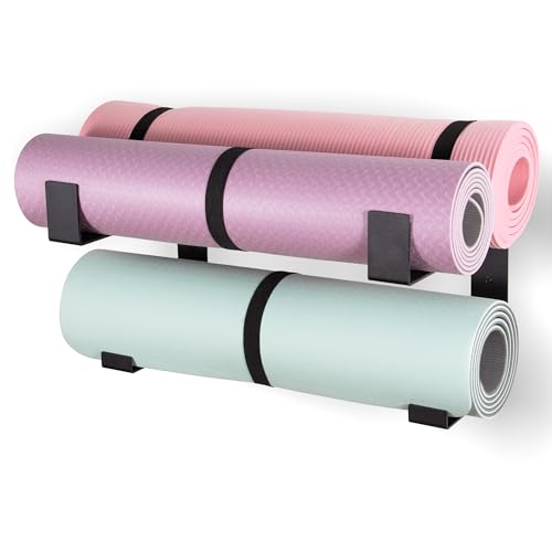 RoakyRoasy Yoga Mat Holder with Protective Padding Wall Mount Steel Storage Rack, 2 Tier Adjustable Width Hanger for up to...