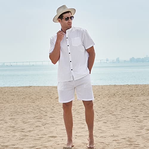AOTORR Men's 2 Piece Linen Set Button Down Short Sleeve Shirt and Short Beach Outfit