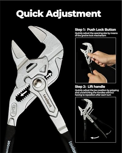 toolant 7-Inch Chrome Plated Pliers Wrench, CR-V Adjustable Wrench with Anti-Rust Coating, Smooth Parallel Jaws, Rubber An...