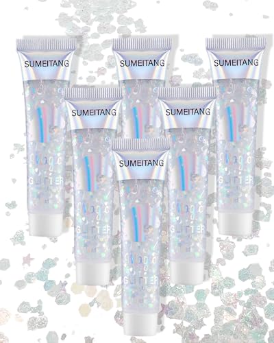 SUMEITANG 6 Pcs Clear White Face Body Glitter Gel，Holographic Chunky Sequins Body Glitter Paint for Party Singer Concerts ...