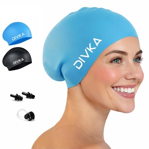 DIVKA 2 Pack Silicone Swim Caps for Women and Men – Waterproof Long Hair Swimming Caps for Adults – Stretchy Comfortable D...