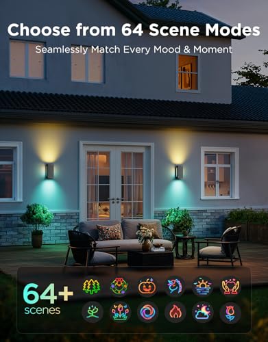 Govee Outdoor UpDown Wall Light, 2 Pack, 1200LM RGBICWW Smart Porch Lights Outdoor with 64 Scene Modes, IP66 Waterproof Wa...