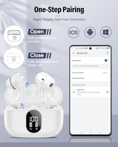 Wireless Earbuds, Bluetooth 5.4 Headphones Bass Stereo, Ear Buds with Noise Cancelling Mic, LED Display in Ear Earphones C...