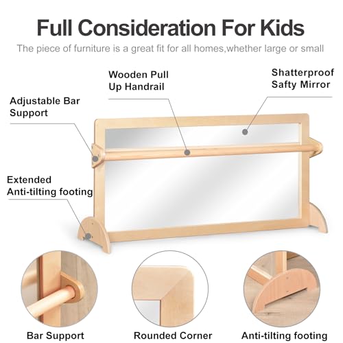 KRAND 3-Position Montessori Wood Frame Non-Shatter Safety Pull Up Bar Baby Big Mirror Set, Infant Coordination Mirror, Kid...