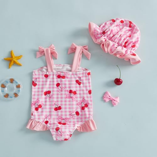 BSaogr Infant Girl Onepiece Swimsuit Cute Printed Sleeveless Ruffle Romper Beach Wear Bathing Suit with Swim Cap