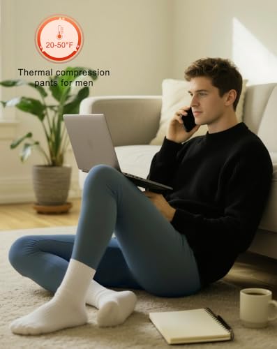 Roxdme Men Thermal Compression Pants Fleece Lined Tights Athletic Heated Leggings Cold Weather Baselayer Winter Gear Pockets