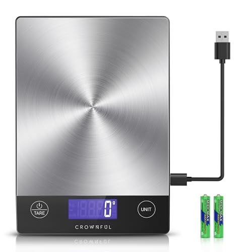 CROWNFUL Food Scale, 33lb Rechargeable 304 Stainless Steel Digital Kitchen Scale Weight Grams and Ounces with LCD Display ...