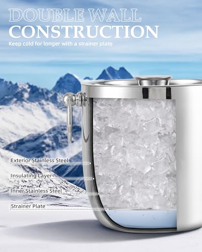 Golden Cudgel Insulated Ice Bucket, 3L Double Wall Stainless Steel Ice Bucket with Tongs,Lid, Scoop and Strainer, Ice Buck...